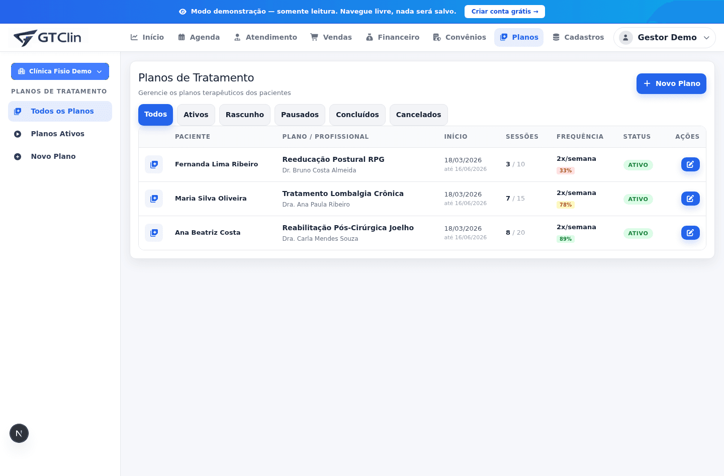 Planos de tratamento ativos com barra de progresso e aderência
